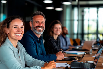 Business meeting of smiling Caucasians, a team working and talking in a business meeting 