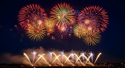 Spectacular Nighttime Fireworks Display Illuminating Dark Sky With Vibrant Colors And Smoke Trails Over Silhouetted Crowd