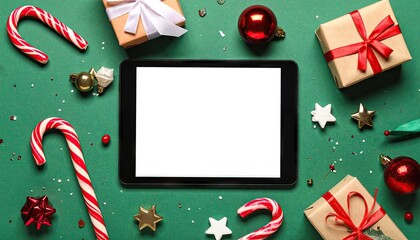 Festive Holiday Tablet Display Surrounded by Christmas Gifts and Candy Canes.