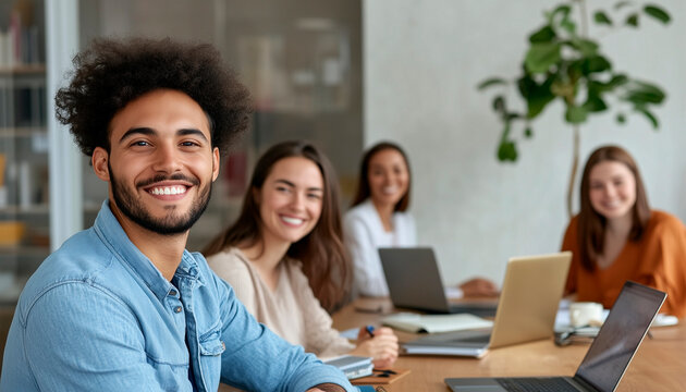 A business meeting of multiethnic people conversing and smiling