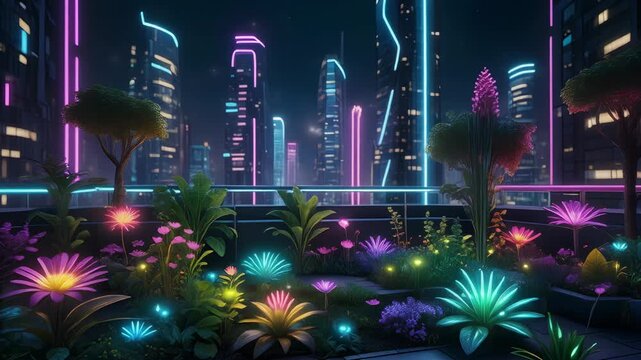 Rooftop Garden with Neon Plants and Futuristic City Skyline at Night image photo