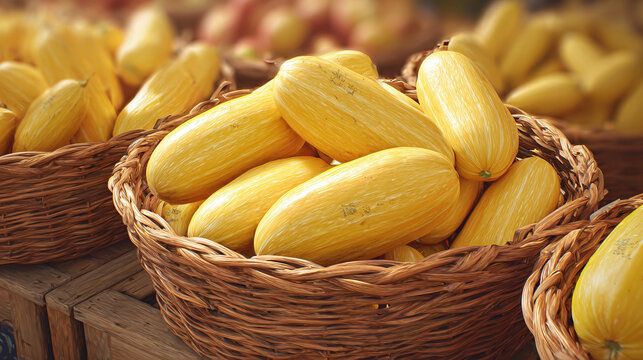 Golden-yellow squash displayed in rustic wicker baskets, showcasing fresh produce at a market. The vibrant colors and textures evoke a sense of harvest abundance