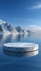 White marble circular podium floating on surface of icy water with snow-covered mountains in background and blue sky, ethereal scene