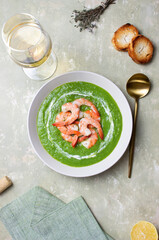 Green broccoli soup with shrimp. Vegetarian food. Healthy eating.