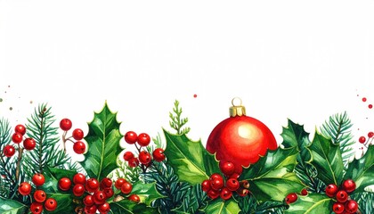 Watercolor Christmas border with holly berries pine branches and red ornament.