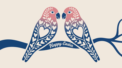 Two decorative lovebirds with hearts and floral patterns perched on a branch with happy easter banner