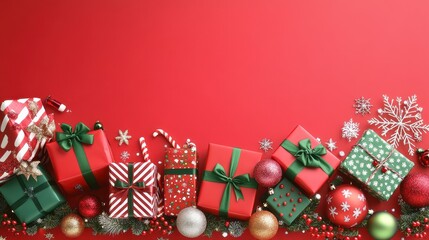 Festive Gifting Extravaganza: A collection of meticulously wrapped presents, adorned with ribbons, sit amidst a festive array of ornaments and holiday embellishments.