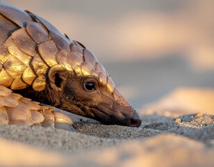 Pangolin in Sand: This is a stunning view of a pangolin as it gracefully navigates the sandy terrain. Its unique scales glisten in the sunlight. A true embodiment of nature's beauty