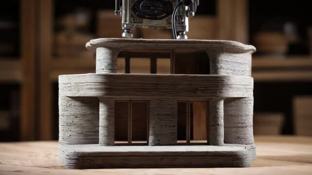A wooden circular architectural model with a colonnade of columns around a central opening, on a workshop table.