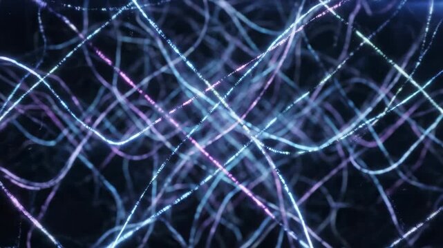 Seamless loop of complex glowing abstract lines weaving and intertwining to form an unpredictable digital network structure nonlinear, innovation, theory