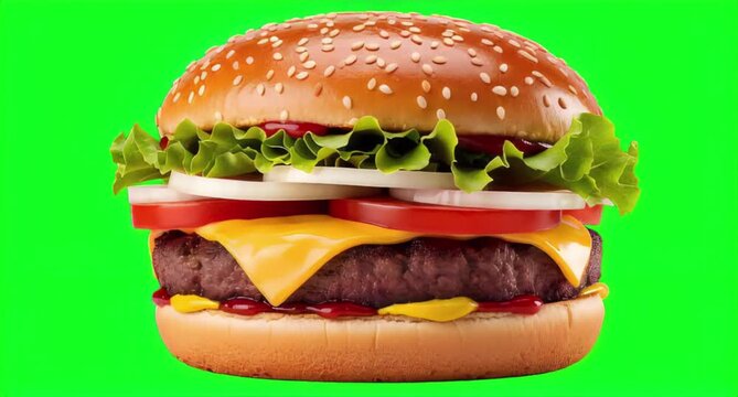 Tasty cheeseburger isolated on green screen or chroma key background