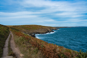 View of rugged coastal path winds along the cliff edge, meeting the crashing blue waves under a vast sky, St. Davids, Wales, United Kingdom.