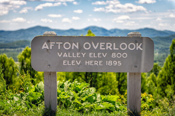 Afton Rockfish valley overlook sign, Virginia with elevation at Blue Ridge parkway Appalachian mountains in summer by scenic lush foliage