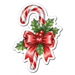 Fototapeta premium Festive Candy Cane: A beautifully illustrated candy cane, adorned with a festive red ribbon, a sprig of holly berries, and the classic candy cane stripes, evokes the cheer of Christmas.