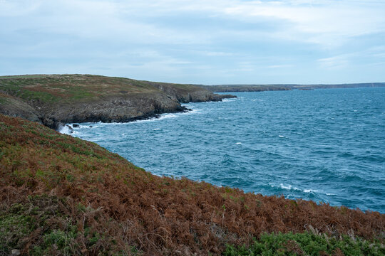 View of the rugged coastline where the dark, rocky cliffs meet the turbulent, deep blue sea under a cloudy sky, St. Davids, Wales, United Kingdom.