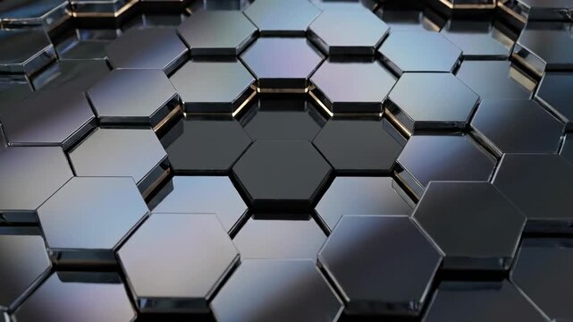 Seamless loop of complex metallic hexagonal tiles expanding and contracting in a continuous abstract background pattern visualization, transition, modern
