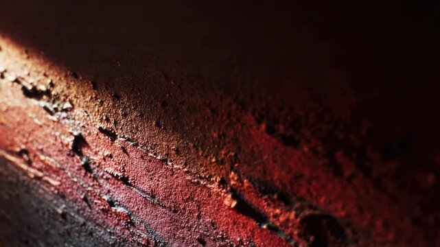Close-up of a rough lava rock surface with red-hot, cracked, blackened texture.