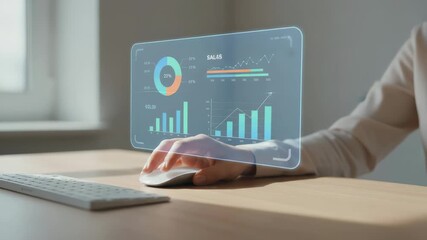 Financial analyst working with a futuristic augmented reality interface, scrolling through interactive charts, graphs, and statistics on a holographic display for data visualization and analysis - Powered by Adobe