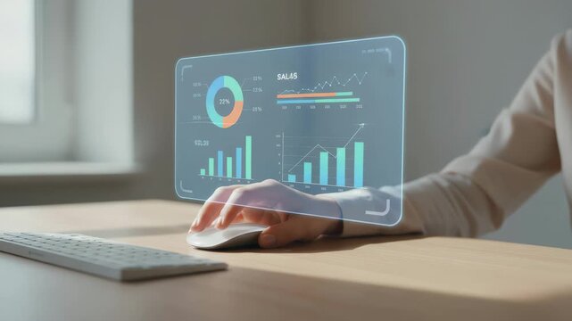 Financial analyst working with a futuristic augmented reality interface, scrolling through interactive charts, graphs, and statistics on a holographic display for data visualization and analysis