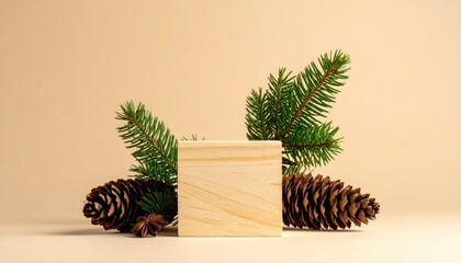 Minimalist natural display with wooden cube, pine cones, and evergreen branches.