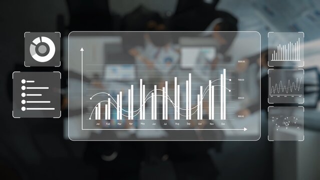 A business team engages in a strategy meeting, analyzing digital data trends through graphs and charts, showcasing modern technology and teamwork in a professional setting. Raster - Powered by Adobe