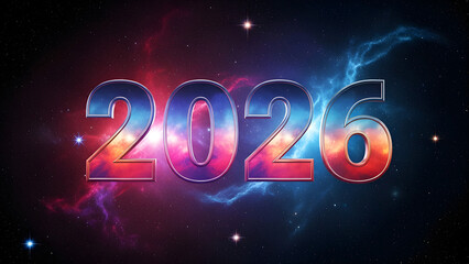 2026 floating in a cosmic nebula with soft celestial glow