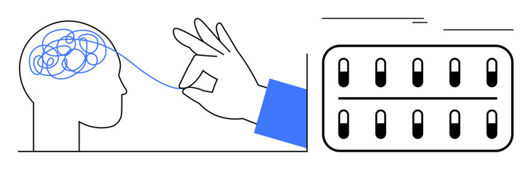 Hand pulling thread from a tangled brain next to a pill package, symbolizing mental clarity and healing. Ideal for mental health, therapy, recovery, medication, support, psychology, simple flat