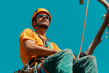 professional tree cutter hanging from a tree cutting while working