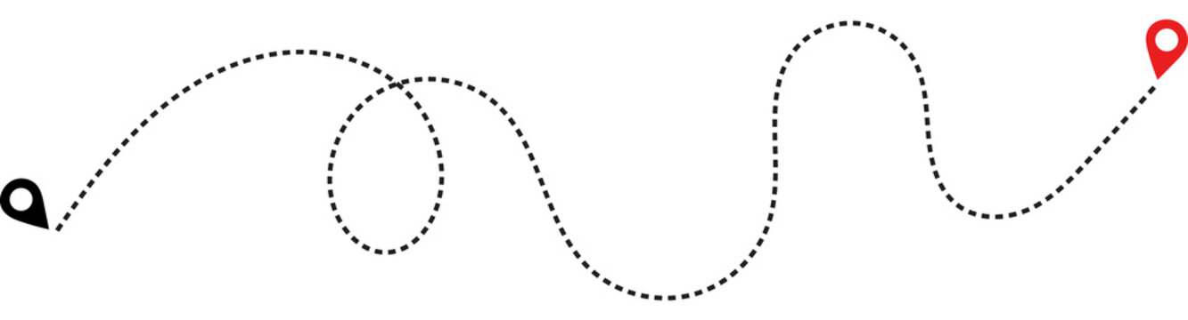 Dotted line path showing a winding route between two map location pins, one black and one red, isolated on transparent background
