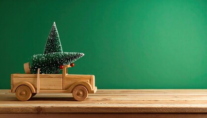Wooden toy truck carrying miniature Christmas trees on a rustic wooden surface with green background.