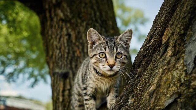 A curious tabby kitten perched on a tree trunk, peering out with bright green eyes.
