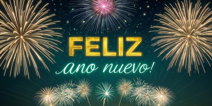 Feliz Ano Nuevo text with colorful fireworks display 2026