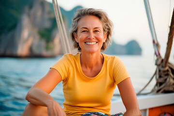 middle-aged woman traveling by boat through Southeast Asia in a remote location