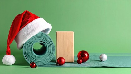 Christmas yoga equipment with Santa hat and festive ornaments.