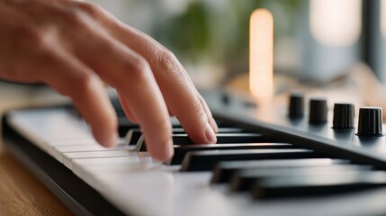 Melody Composition Close-Up of Hand Playing Piano Keyboard in Creative