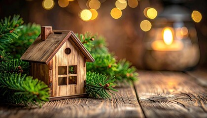 Cozy Miniature Wooden House Surrounded by Festive Pine Branches and Warm Bokeh Lights.