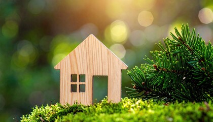 Miniature wooden house model resting on vibrant green moss with pine tree.