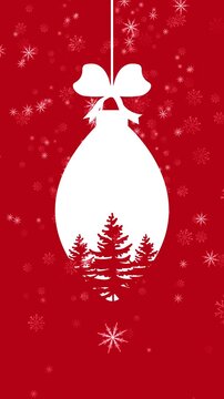 Minimalist Red And White Christmas Background With Hanging Ornament And Falling Snow. Vertical Format Suitable For Social Media Stories And Holiday Greeting Cards.