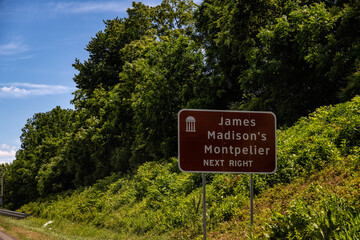 James Madison's Montpelier home museum for US president in Virginia, a former plantation property with road sign