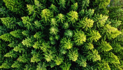 Aerial view of a dense green coniferous forest canopy from above.