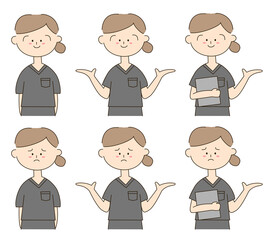 グレーのスクラブを着た女性の可愛い手書きイラストセット