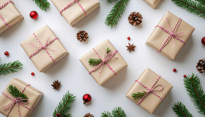 Christmas Gift Boxes Wrapped in Kraft Paper with Pine Branches, Red Twine, and Holiday Decorations in Festive Flat Lay Composition
