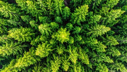 Aerial view of a lush green evergreen forest canopy from above.