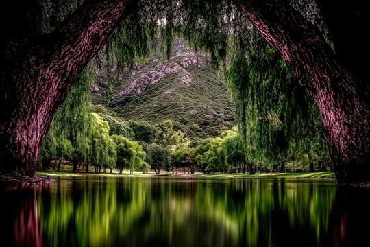 Dark arched canopy of dense woodland opening onto a vivid green hill mirrored in quiet water Concept of mysterious natural gateway