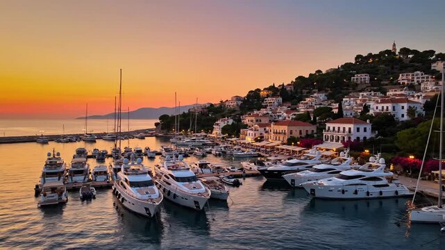 A coastal scene at sunset featuring yachts in a harbor with a hillside town
