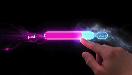 A hand slides a neon progress bar from 'past' to 'future,' symbolizing time progression, forward movement, and choosing tomorrow's path.