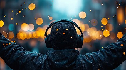 A person wearing headphones raises their arms in celebration, surrounded by bokeh lights at night. The image evokes a sense of joy and freedom.