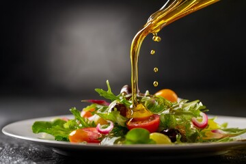 Fresh green salad with colorful vegetables and olive oil stream pouring over healthy organic food preparation cooking concept