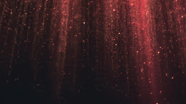 Abstract dark background with falling red and gold glitter particles and ethereal light rays, creating a festive, magical, sparkling effect.