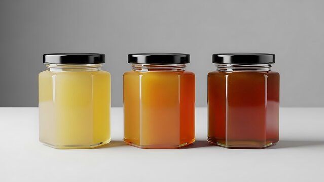 Three hexagonal jars of natural honey, showcasing diverse hues